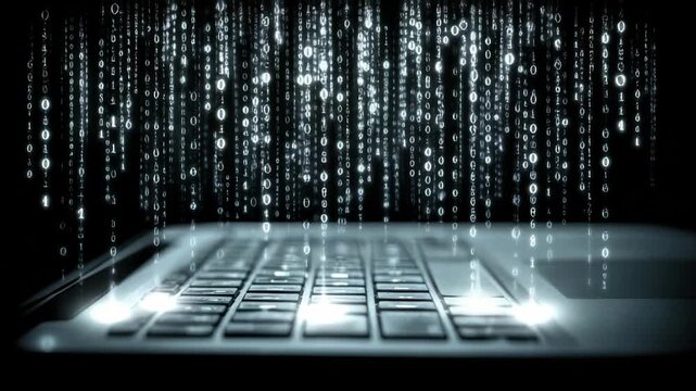 A laptop keyboard illuminated in low light with cascading binary code representing data flow and digital transformation in a technological environment.