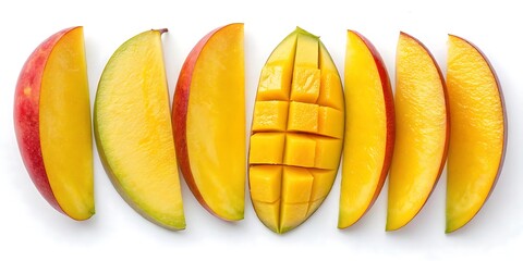 Row of sliced mangoes with one slice missing