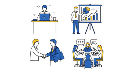 Business illustrations showing various work scenarios.
