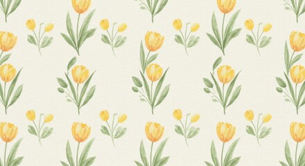 Watercolor Tulip Pattern: Yellow Flowers and Green Leaves.