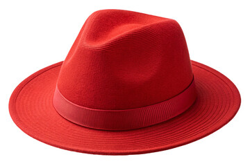 Classic red fedora hat with grosgrain ribbon band, featuring traditional crown and wide brim, isolated on a transparent background