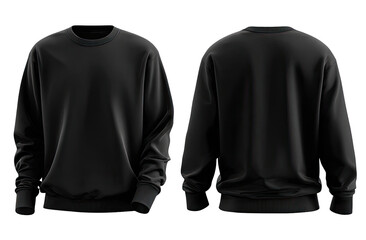 Front and back view of a black sweatshirt.  Detailed 3D model, showing ribbed cuffs and neckline.  Smooth, dark fabric texture