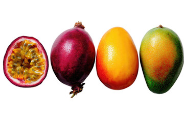 Close-up of passion fruit and mango.  A halved passion fruit, deep purple, next to a whole passion fruit, a whole mango.