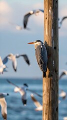 Heron Perched Post Gulls Flight