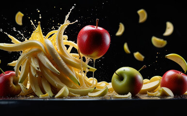 Fresh Red Apple with Green Leaves Getting Washed by Clean Water