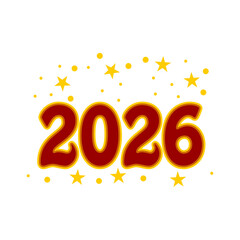 2026 New Year: Festive Red and Gold Typographic Design with Stars