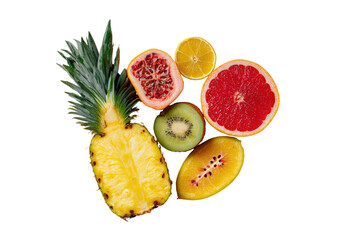 Vibrant fruit arrangement.  A top-down view of a collection of colorful, fresh fruit slices.  A pineapple, cut in half, displays its bright yellow flesh and green leaves. 