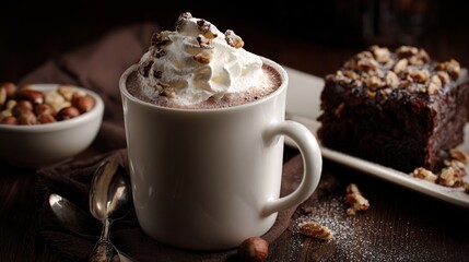 Hot Cocoa with Fudgy Brownie and Roasted Nuts on Dark Wooden Table 