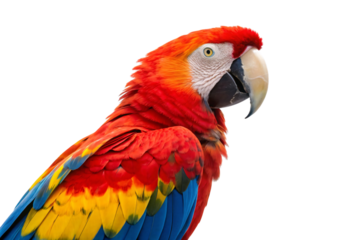 Vibrant red scarlet macaw parrot with blue yellow wing feathers showing detailed plumage and curved beak, isolated on a transparent background