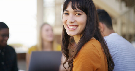 University, woman and outdoor project with laptop, teamwork and discussion for academic assessment. Happy, education and students brainstorming with computer, ideas and knowledge for biology task.