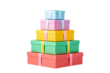 Obraz premium Colorful gift boxes stacked in pyramid formation with ribbons in pastel blue pink yellow green coral, isolated on a transparent background
