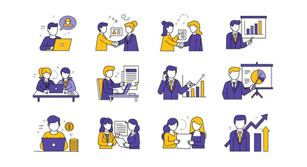 Fototapeta premium Collection of business-related icons depicting teamwork, meetings, presentations, and financial growth.