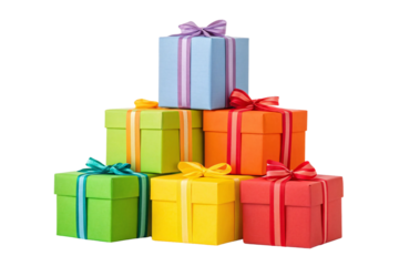 Vibrant wrapped presents arranged in two tiers with various colored ribbons, isolated on a transparent background