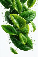 Fototapeta premium Fresh green tea leaves with water droplets floating in a vibrant motion