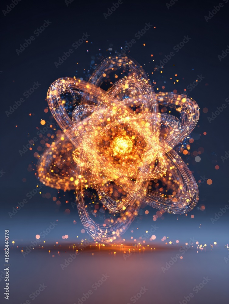 Poster dynamic representation of an atom with glowing particles in a dark background showcasing energy and 