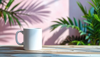 A white mug stands on a weathered wooden surface, against a pink wall casting tropical leaf shadows, with leafy green plants framing the scene
