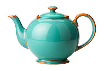 Elegant turquoise porcelain teapot with orange gold trim and decorative ceramic finish, isolated on a transparent background