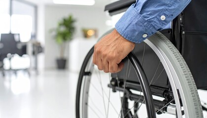 Obraz premium Close-up of a man's hand on a wheelchair wheel in a bright, modern office. Focus is on the hand and wheel, with a blurred office background