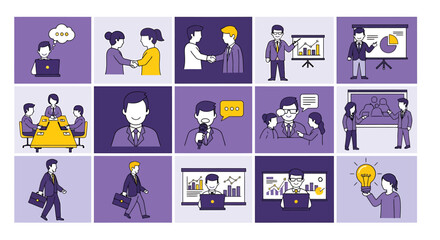 Fototapeta premium A grid of fifteen minimalist illustrations depicting various business activities, including meetings, presentations, communication, and idea generation, with professionals working and interacting.