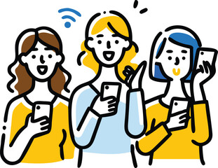 Vector art of three women using smartphones