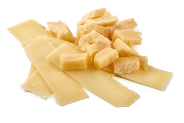 Parmesan Cheese Pile Slices Shavings, isolated on white background