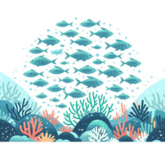 Fototapeta premium Minimalist flat illustration of a fish swimming past underwater rocks and plants, capturing the beauty and tranquility of the marine environment, on a white background.