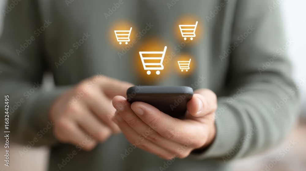 Poster close-up of a person using a smartphone with shopping cart icons illuminated, representing online sh