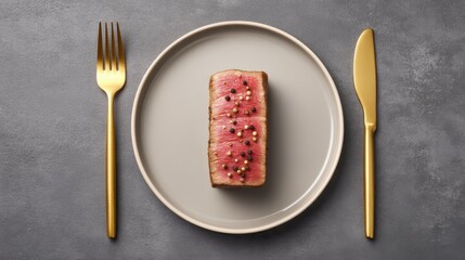 Gourmet dish of gourmet meat on a modern plate with golden cutlery set against a textured backdrop of sophisticated elegance and culinary art