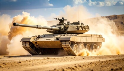 Armored Military Tank Advancing Across Battlefield Kicking Up Dust, Highlighting Army Attack and Tactical Combat Vehicle Maneuvers