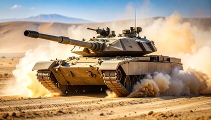 Armored Military Tank Advancing Across Battlefield Kicking Up Dust, Highlighting Army Attack and Tactical Combat Vehicle Maneuvers