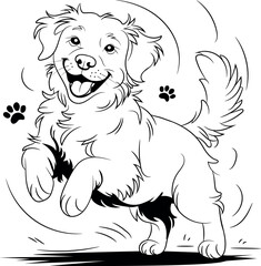 dog with bone Simple and adorable dog illustration created in a black-and-white coloring book style.