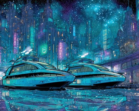 Futuristic Cityscape At Night With Vessels - Powered by Adobe