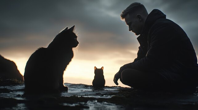 Silhouetted Man and Two Cats at Sunset by the Coast