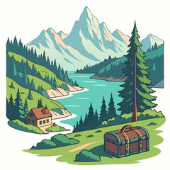 Mountain lake landscape with cabin and treasure chest
