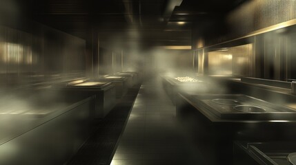 Professional industrial kitchen veiled in steam evoking culinary artistry and efficiency of