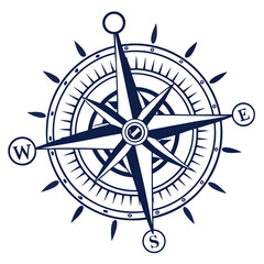 Navy blue compass on white background navigation direction