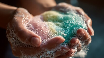 Fototapeta premium Hands Holding Colorful Bubbly Soap with Foam for Cleaning Concept
