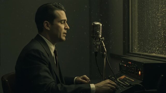 Man broadcasting from a vintage radio studio