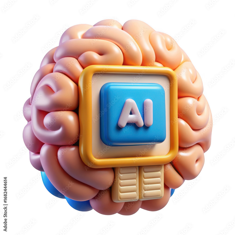 Poster 3d render of ai brain chip isolated on transparent background
