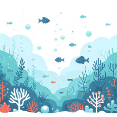 Minimalist flat illustration of an underwater cave exploration by scuba divers, symbolizing adventure and discovery in the depths of the ocean with a white background.