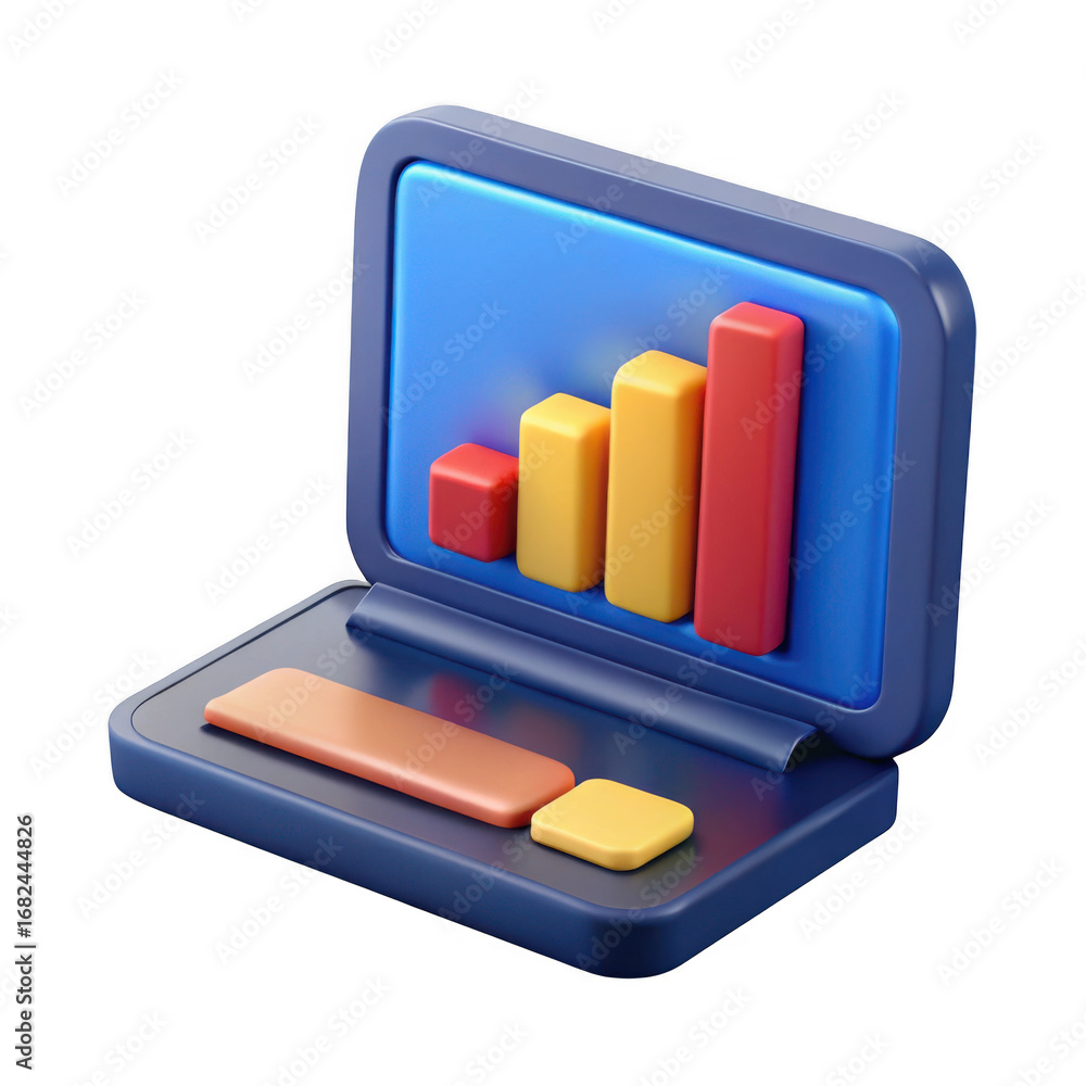 Poster 3d laptop icon with growing bar graph isolated on transparent background