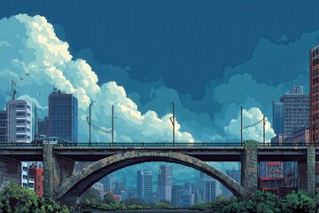 Obraz premium Pixel art cityscape with bridge and skyline under a cloudy sky