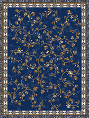 Ornamental Floral Carpet Design in Blue and Gold – Hand-Drawn Vector
