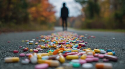 Scattered Pills on Autumn Road, Blurred Figure Walking Away