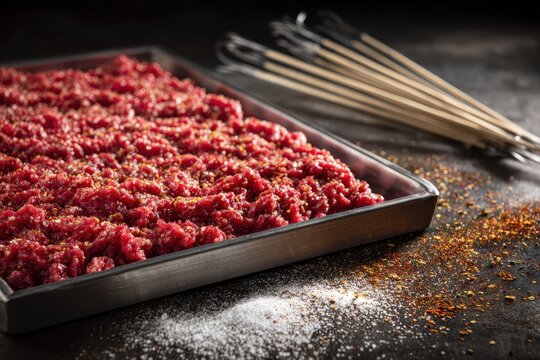 Freshly Ground Beef with Spices on a Rustic Kitchen Counter