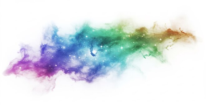 Vibrant cosmic nebula swirls gently across a white background showcasing iridescent colors and sparkling dust. AI Generated - Powered by Adobe