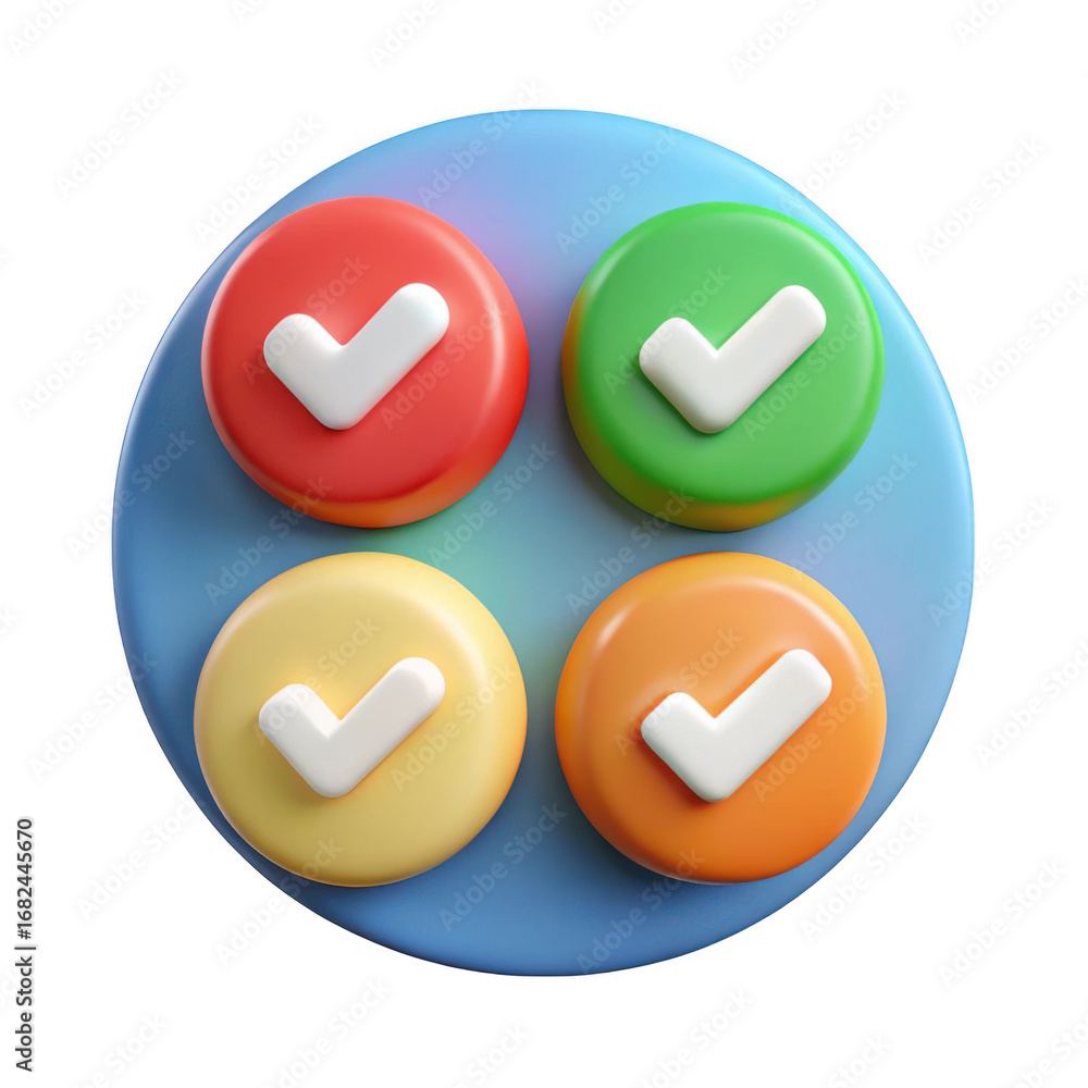 Poster colorful 3d checkmark buttons isolated on transparent background