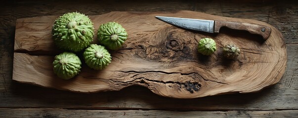 Light green gourds on a rustic wooden cutting board with a knife