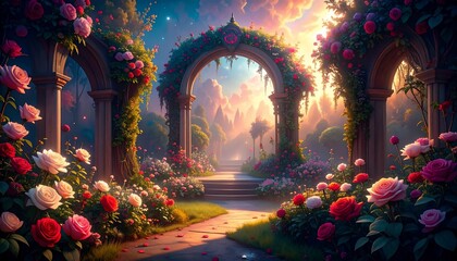 Enchanting garden passage with floral archways and blossoming roses amidst a luminous sky