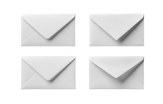 Four blank white envelopes arranged in a grid.  Each envelope displays a classic flap design